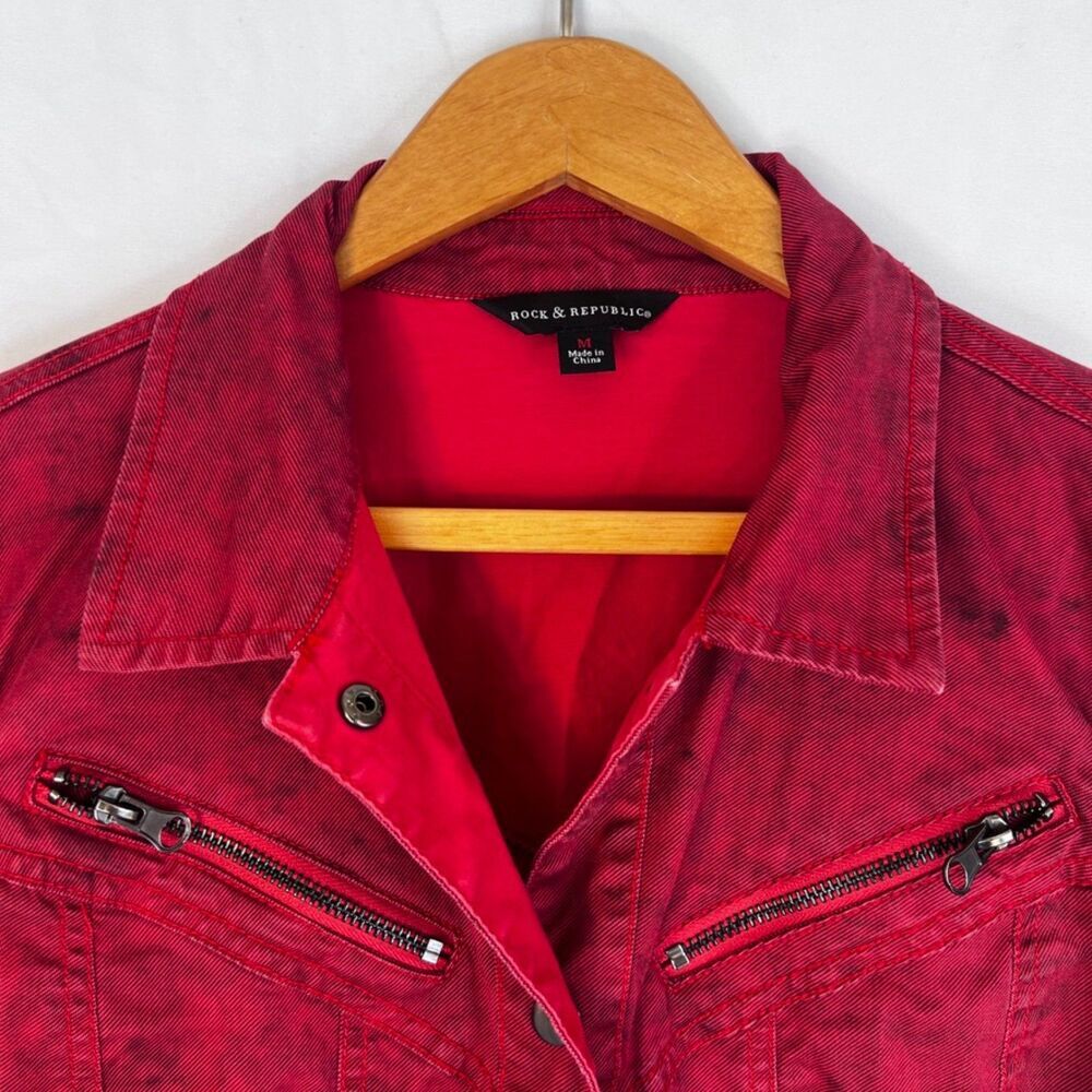 Rock & Republic Stonewash Red Moto Denim Jean Jacket Cropped Size MD Streetwear - Picture 3 of 10